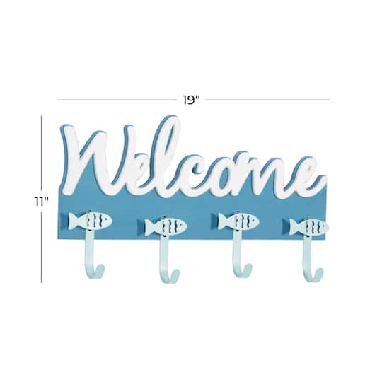 Blue Wood Coastal Wall Hook, 11" x 19" x 2"